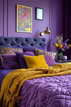 a bedroom with purple walls and yellow accents