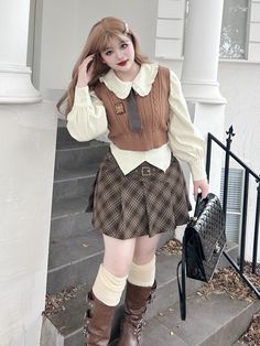 The price is for a vest only, others are not included.  Garment Size   	 		 			Size 			XL 			2XL 			3XL 		 		 			Bust 			100 			108 			116 		 		 			Full Length 			42 			43 			44 		 		 			Shoulders 			35 			37 			39 Kawaii Fall Outfits, Bakery Outfit, Brown Pleated Skirt Outfit, Victorian Academia, Alternative Outfits Plus Size, Academia Wardrobe, Brown Skirt Outfit, Preppy Vest, Pretty Preppy