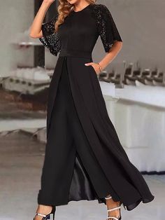 Elegant Crew Neck Lace Loose Jumpsuit 3/4 Sleeve Dresses, Designer Overalls, Trendy Jumpsuit, Loose Jumpsuit, Jumpsuit Party, Designer Jumpsuits, Lace Neckline, Elegant Party, Type Of Pants