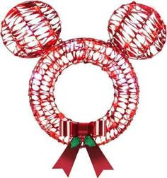 a mickey mouse christmas ornament with red lights and bows on it's head