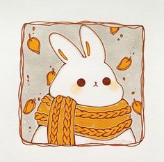 a drawing of a white rabbit wearing an orange scarf with apples around it's neck