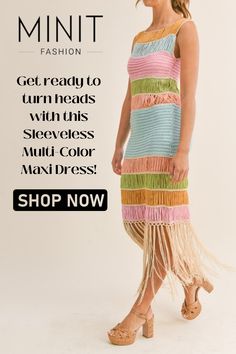 ✨ This stunning dress is a fashion masterpiece that will elevate your summer wardrobe to the next level. ✨ 🎉 Featuring a mesmerizing combination of tan, pink, blue, and green horizontal stripes, this dress is an explosion of vibrant colors that exude joy and confidence. 🌈✨ Multicolor Sleeveless Fringe Dresses, Multicolor Fringe Dress For Beach, Multicolor Fringe Beach Dress, Multicolor Fringe Dresses For Summer, Multicolor Fringe Dress For Summer, Multicolor Fringe Summer Dress, Bohemian Multicolor Fringe Dress, Fitted Crochet Dress With Fringe For Spring, Fitted Multicolor Dress With Tassels