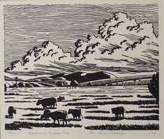 a black and white drawing of cows grazing in a field