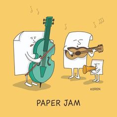 an image of a cartoon character playing the guitar and another person holding a paper bag