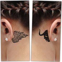 a woman's ear with tattoos on her left side and an angel tattoo on the other side