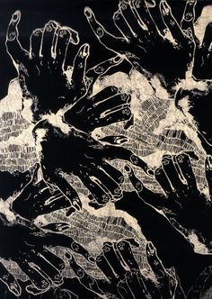 black and white drawing of hands reaching towards each other