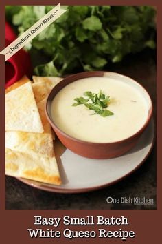 an easy small batch white quesadilla soup recipe on a plate with tortilla chips