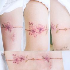 four pictures of flowers on the side of a woman's thigh, with one flower attached