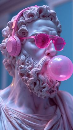 a statue with headphones and pink glasses blowing bubble