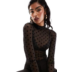 ASOS DESIGN mesh long sleeve textured polka dot flock bodysuit in black | ASOS Mini Collection, Winter Jeans, High Neck Long Sleeve, Mesh Long Sleeve, Long Sleeve Bodycon, Petite Maternity, Plus Size Pregnancy, Black Polka Dot, Womens Bodysuit