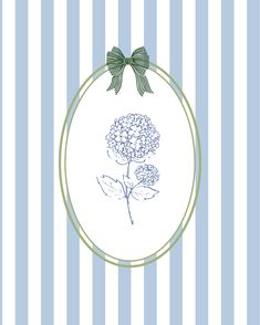 a blue and white striped background with a flower in the center, surrounded by green bows