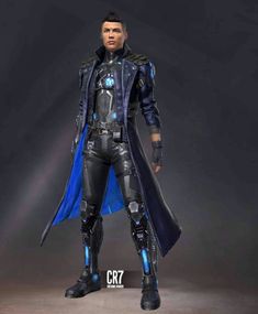 a man dressed in black and blue is standing with his arms crossed, wearing a cape