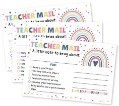 two teacher mail cards with rainbows on them