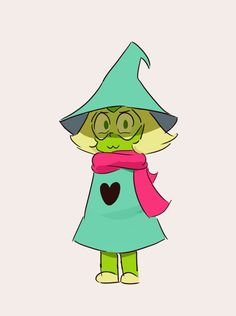 a cartoon character wearing a green dress and pink scarf with a heart on the chest