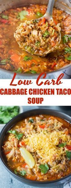 two pictures showing different types of cabbage chicken taco soup and the same image with text overlay