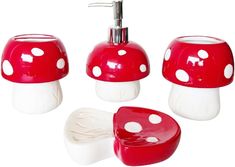 red and white bathroom accessories including soap dispenser, toothbrush holder and sink faucet