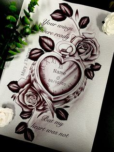 a drawing of a heart with roses on it