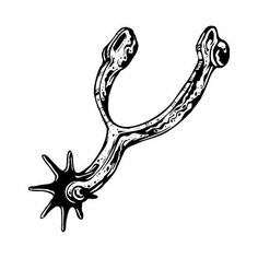 a black and white ink drawing of a hook with spiky nails on it