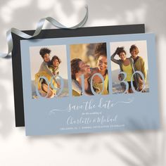 three photos are shown in the middle of this save the date card with ribbon on it