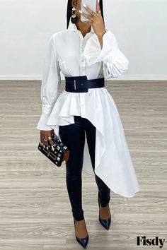 Fisdy - Elegante Vestido Midi Blanco de Manga Casquillo con Diseño Asimétrico y Cuello en O Womens Blouses Summer, Mid Calf Dresses, Asymmetrical Blouse, Fashion Cap, Elegante Casual, Ruffle Shirt, Bell Sleeve Blouse, Ningbo, 가을 패션