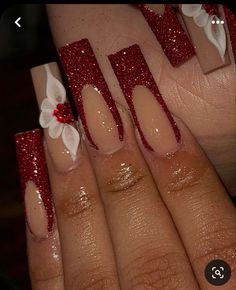 Red And Silver Nails, Sweet 16 Nails, Cute Red Nails, Prom Nails Red, Red Nails Glitter, Maroon Nails