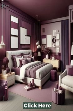 a bedroom with purple walls and white furniture