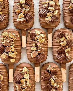 chocolate covered desserts are arranged on wooden sticks