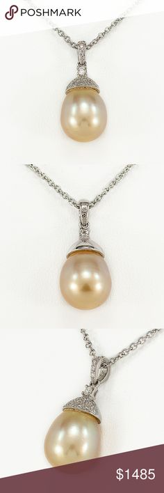 ☑️ SALE 18K Diamond South Sea Gold Pearl Necklace A stylish pendant necklace that boasts elegance and statement all in one. The golden-yellow South Sea pearl is accented with 23 brilliant round scintillating diamonds set in 18K white gold creating perfect harmony.  Chain Length 18" Grade A Natural Golden South Sea Pearl Pearl 10x11mm Diamond Total Carat Weight 0.20 Dia Color G-H Dia Clarity VS1-2 Pendant + Chain 18K White Gold Comes with original appraisal Jewelry Necklaces Elegant Yellow Necklace With High Luster, Elegant Yellow High Luster Necklace, Elegant Yellow Round Pearl Necklace, Elegant Yellow Oval Necklace, Classic Yellow Necklace, Classic Yellow Necklaces For Formal Occasions, Classic Yellow Pendant Necklace, Elegant Yellow Pearl Necklace For Formal Occasions, Classic Yellow Necklace For Wedding