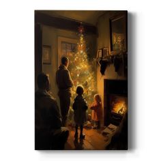 a family standing in front of a christmas tree with the lights on and presents under it