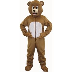 a man in a brown bear costume standing with his hands on his hips and looking at the camera