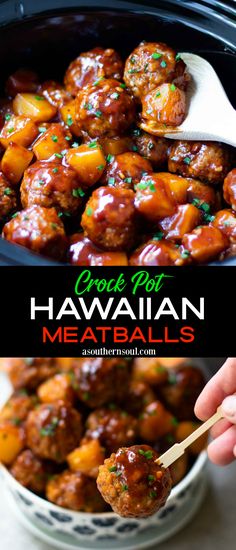 the crock pot hawaiian meatballs are ready to be eaten