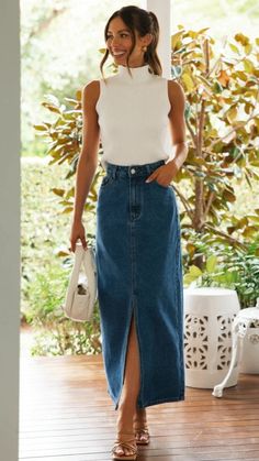 Details: Split trim Denim fabric High waisted skirt SIZE(IN) Waist Length S 24.4 41.3 M 26.0 41.7 L 27.6 42.1 XL 29.1 42.5 Denim Skirt White Top, White Midi Skirt, International Clothing, Long Denim Skirt, Denim Midi Skirt, Midi Skirts, Midi Maxi Dress, Romper Pants, Clothing Size Chart