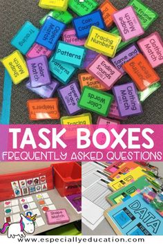 several colorful boxes with words on them and the text, task boxes frequently asked questions