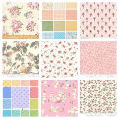 six different patterns of fabric with flowers and birds on them, all in pastel colors