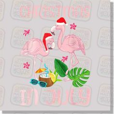 two pink flamingos wearing santa hats and drinking coconut juice in front of a palm leaf