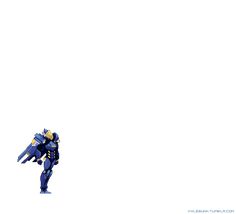 a blue and yellow robot standing in the air