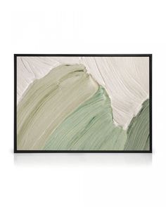 an abstract painting with green and white paint on the wall, framed in black frame