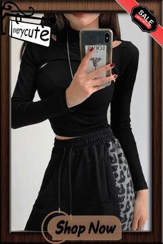 Hollow Knitted Crop Tops Women New Fitness Two-piece T-shirt Female Black White Long Sleeve Tops Black Crop Top For Winter, Trendy Black Crew Neck Knit Top, White Long Sleeve Tops, T Shirt Female, Shirt Female, Knit Crop Top, White Long Sleeve, Crop Tops Women, Long Sleeve Tops