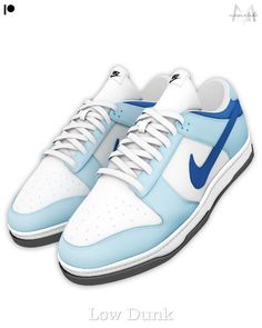 a pair of blue and white shoes with the words low dunk written on them