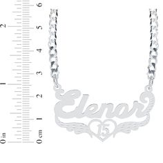 Celebrate her special birthday with this personalized quinceañera necklace. Crafted in sterling silver You choose the name that's spelled out above a cutout heart with the number 15 inside Textured wings complete the milestone design The style suspends centered along a bold and bright 18-inch curb chain that secures with a lobster clasp Personalized Heart-shaped Jewelry For Sweet 16, Personalized Silver Jewelry For Sweet 16, Silver Jewelry For Sweet 16 And Valentine's Day, Quinceañera Necklace, Quinceanera Necklace, Number 15, Curb Chain Necklace, Sunglass Chain, Crystal Set