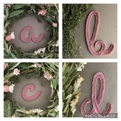 three pictures of the letters c and person made out of crocheted yarn with flowers around them