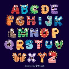 the letters are decorated with monsters in different colors and sizes, including one for each letter