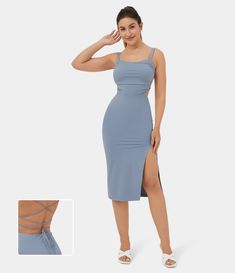 Women’s Ruched Backless Crisscross Lace Up Split Bodycon Midi Casual Dress - Halara Slip Dress Beach, Midi Casual Dress, Lace Up Bodycon Dress, Flowy Midi Dress, Athleisure Dress, Golf Dresses, Athletic Dress, Ruched Midi Dress, Dress Beach