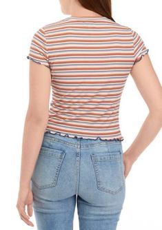 Elevated by a colorful stripe pattern, this comfy t-shirt from TRUE CRAFT is finished with a lettuce-edge hem. | TRUE CRAFT Women's Juniors' Short Sleeve Lettuce Edge T-Shirt, X-Large Trendy Summer Top With Striped Hem, Casual T-shirt With Striped Hem For Spring, Casual Fitted Top With Striped Hem, Casual Short Sleeve Tops With Striped Hem, Trendy Cotton Tops With Striped Hem, Casual Striped Hem Summer Top, Casual Summer Top With Striped Hem, Lettuce, Stripes Pattern