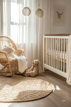 Cozy Nursery with natural tones features a wicker chair, teddy bear, crib, and soft lighting creating a serene and elegant space. Baby nursery inspiration! Small Space Nursery Ideas, Nursery Room Design Ideas, Maximizing Small Spaces, Compact Furniture, Simple Nursery, Maximize Small Space