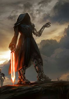 two people standing in front of a giant robot holding a glowing light saber on top of a hill