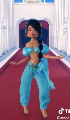 an animated image of a woman dressed in blue and wearing gold jewelry, standing on a red carpet