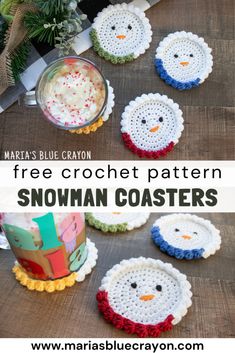 crochet snowman coasters with text overlay that says free crochet pattern