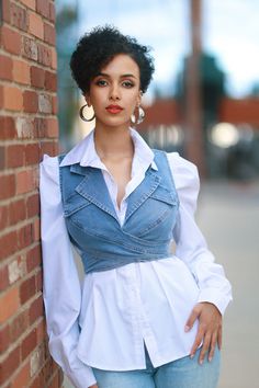 Dynamic Duo Blouse Set - Noli-Fashion Navy Blue Blouse Outfit, Denim Top Outfit Ideas, Denim Crop Top Outfit, Denim Shirt Dress Outfit, Denim Top Outfit, Shirt Corset, Denim Couture, Denim Top Women, African Print Shirt