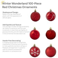 red christmas ornaments with white snowflakes on them and text that says winter wonderland 10 - piece